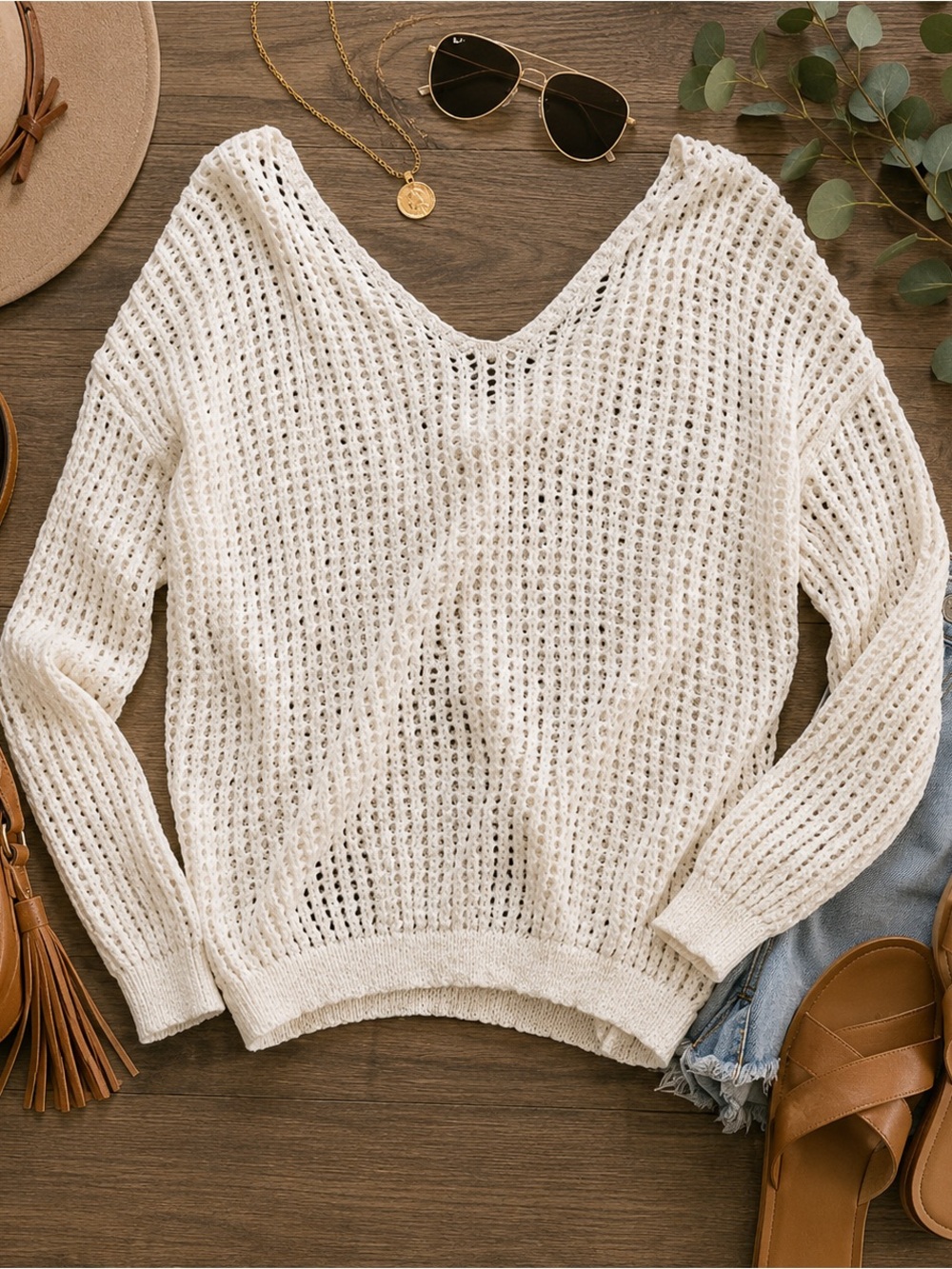 1.4.3. Story by Line Up Cream Open Knit V-Neck Sweater XL Boho Crochet Knit